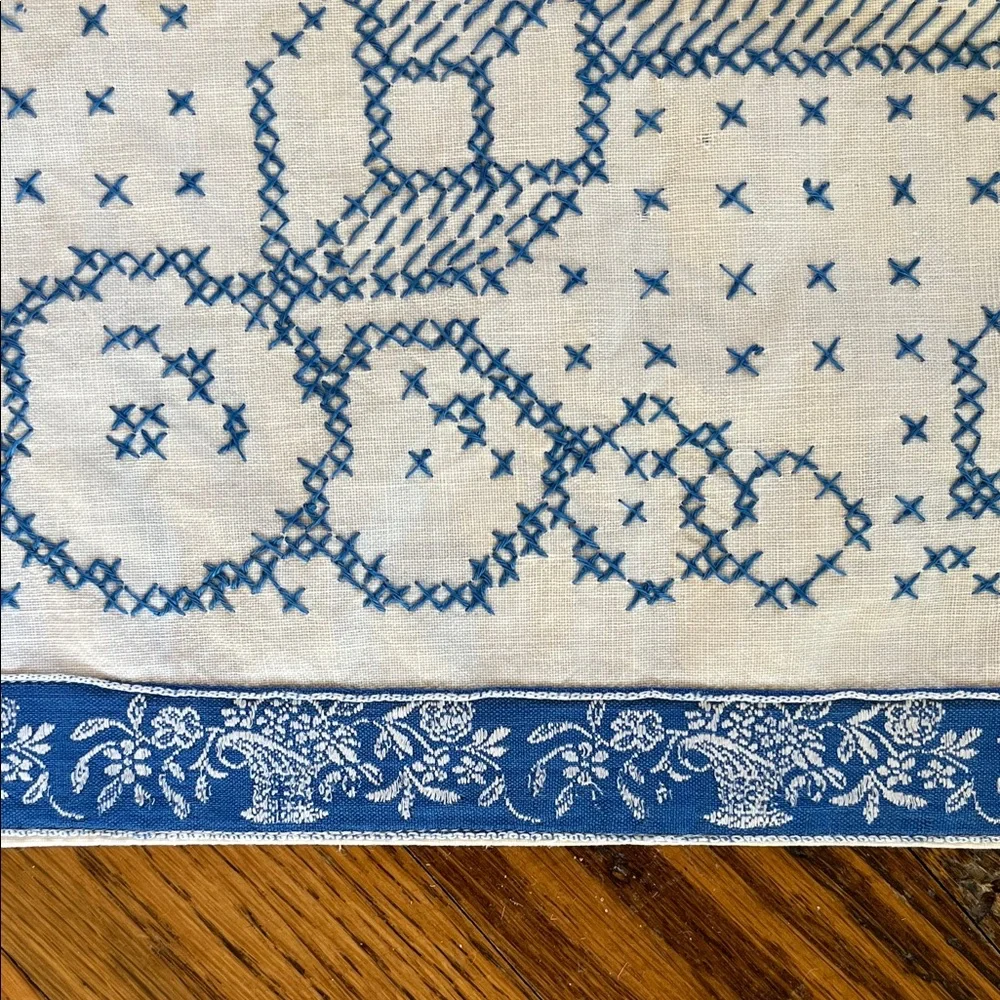 Embroidered Tablecloth Dresser Scarf Blue Cross Stitch Cutter Vintage